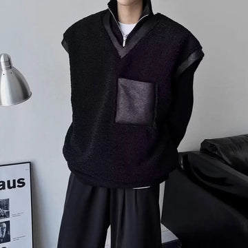 BONSIR  -  Dark thickened fur integrated vest vest for men's Japanese retro trendy brand loose versatile splicing V-neck jacket